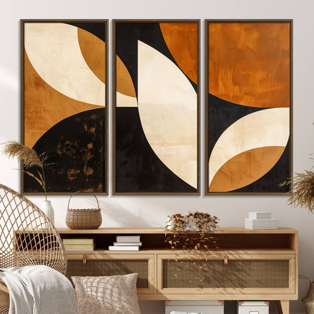 Geometric abstract wall art print featuring leaf shapes in brown, beige, and black.