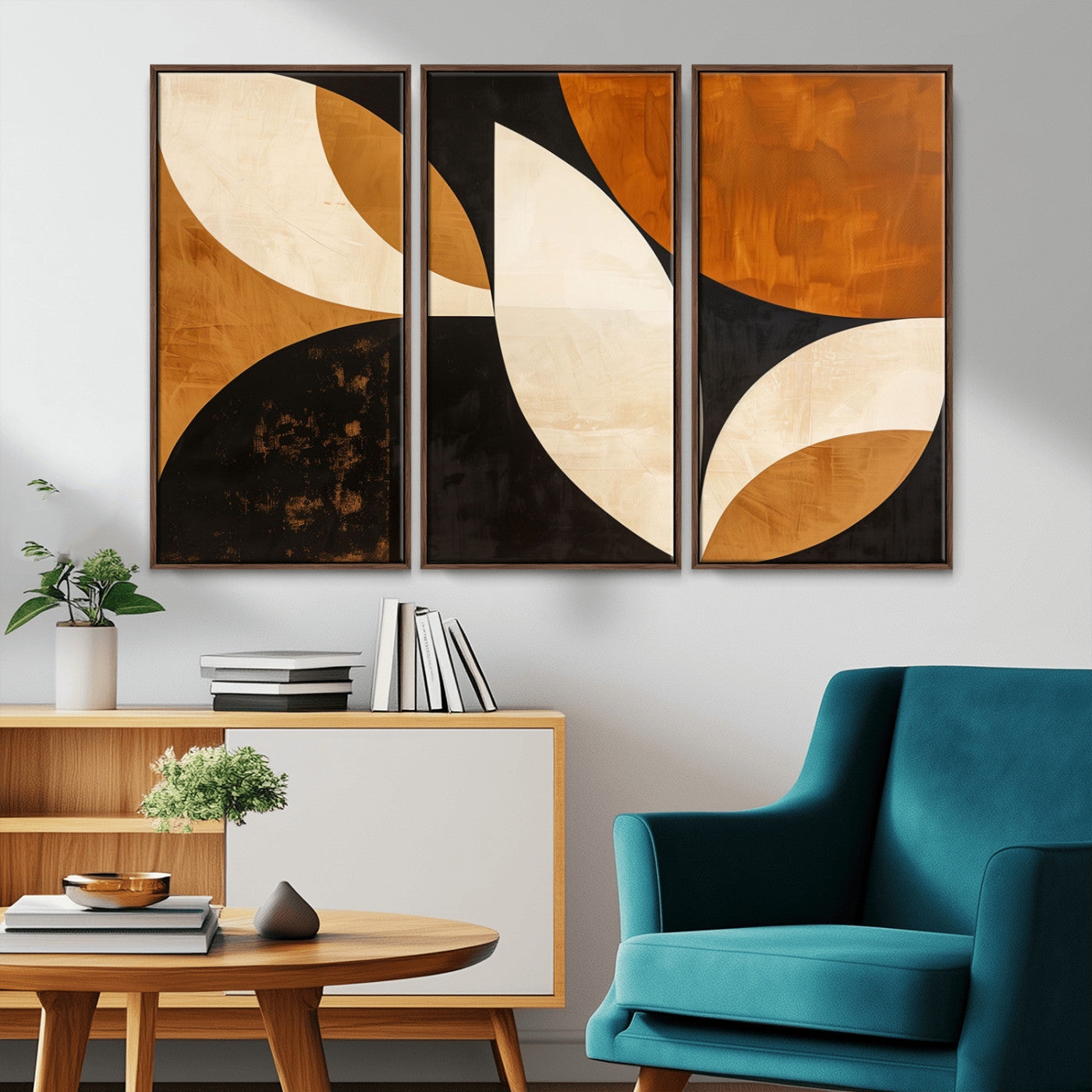 21251-MGV-FC-48X32-3P_Walnut-Geometric Abstract Wall Art Canvas Print, Mid Century Modern Wall Art Print