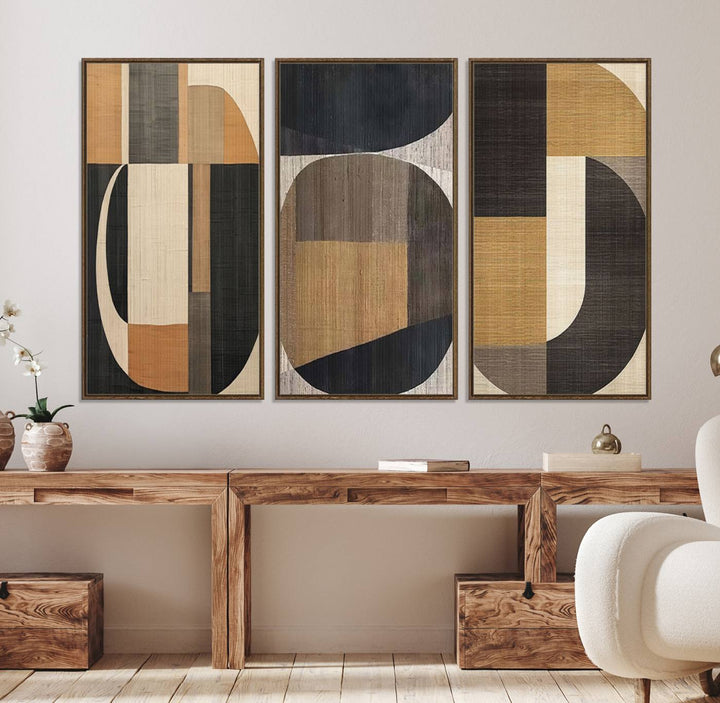 Framed Wabi Sabi Art Print: A modern minimalist geometric canvas featuring earthy tones and overlapping rounded shapes. Ready to hang.