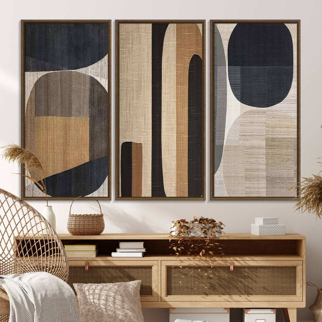 A modern dining room featuring neutral geometric boho abstract minimalist canvas art.