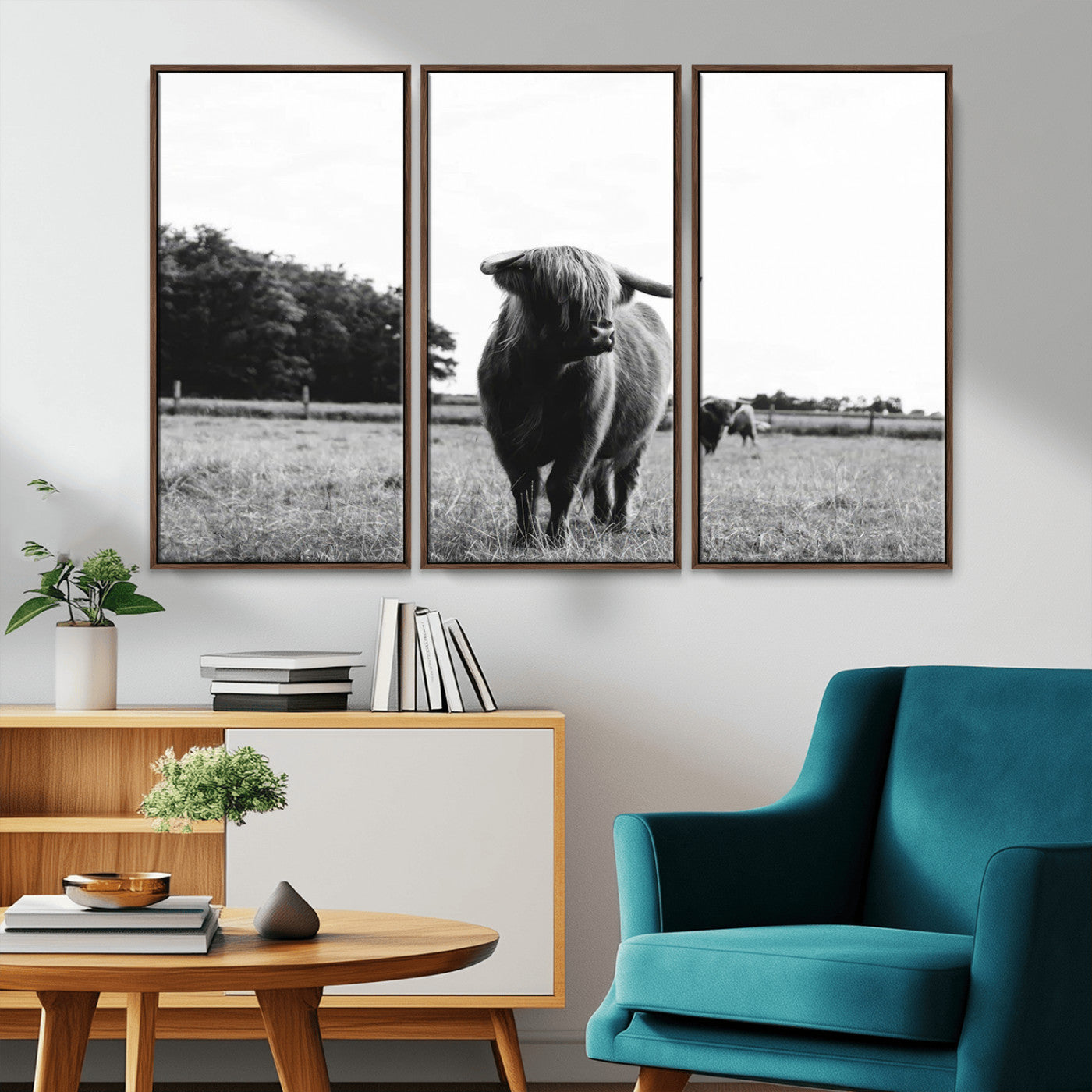 MGV-FC-48X32-3P - Black and White Highland Cow Wall Art Canvas Print | Rustic Western Decor for Living Room or Office,