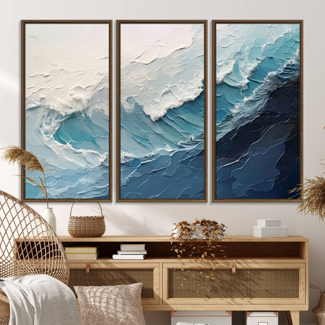 A Blue Abstract Wave Ocean Wall Art Canvas Print adorns the wall.