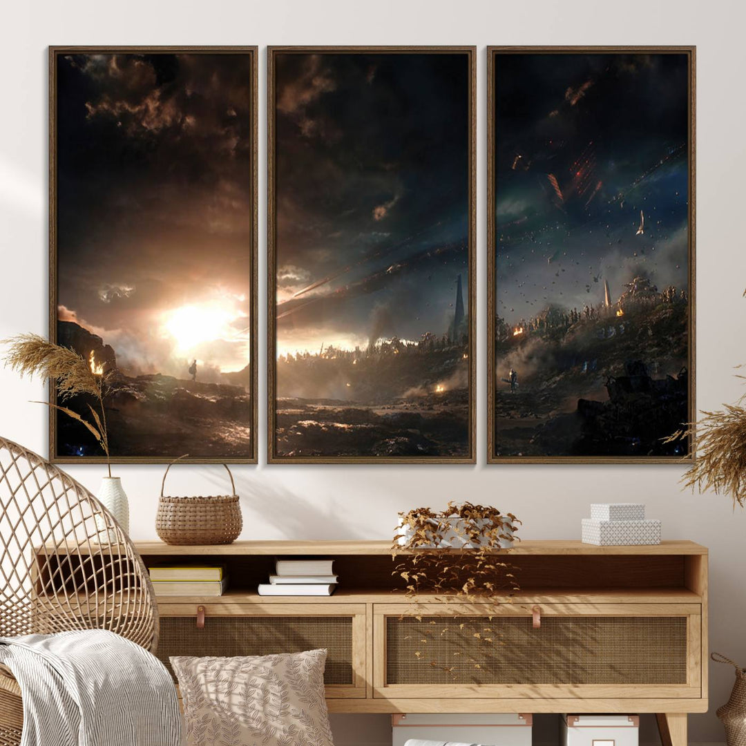 The Avengers Planet Wall Art Canvas Print depicts a stormy sky with figures.