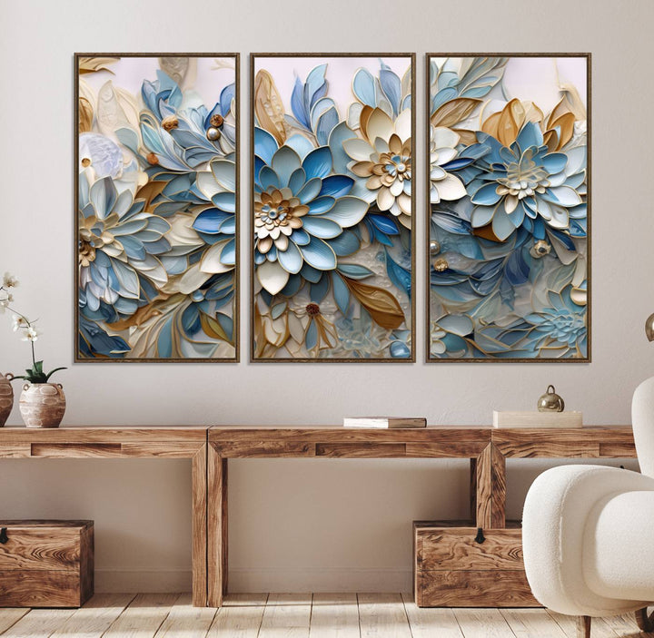 Blu Abstract Flower Canvas with blue, white, and gold petals—perfect home decor.