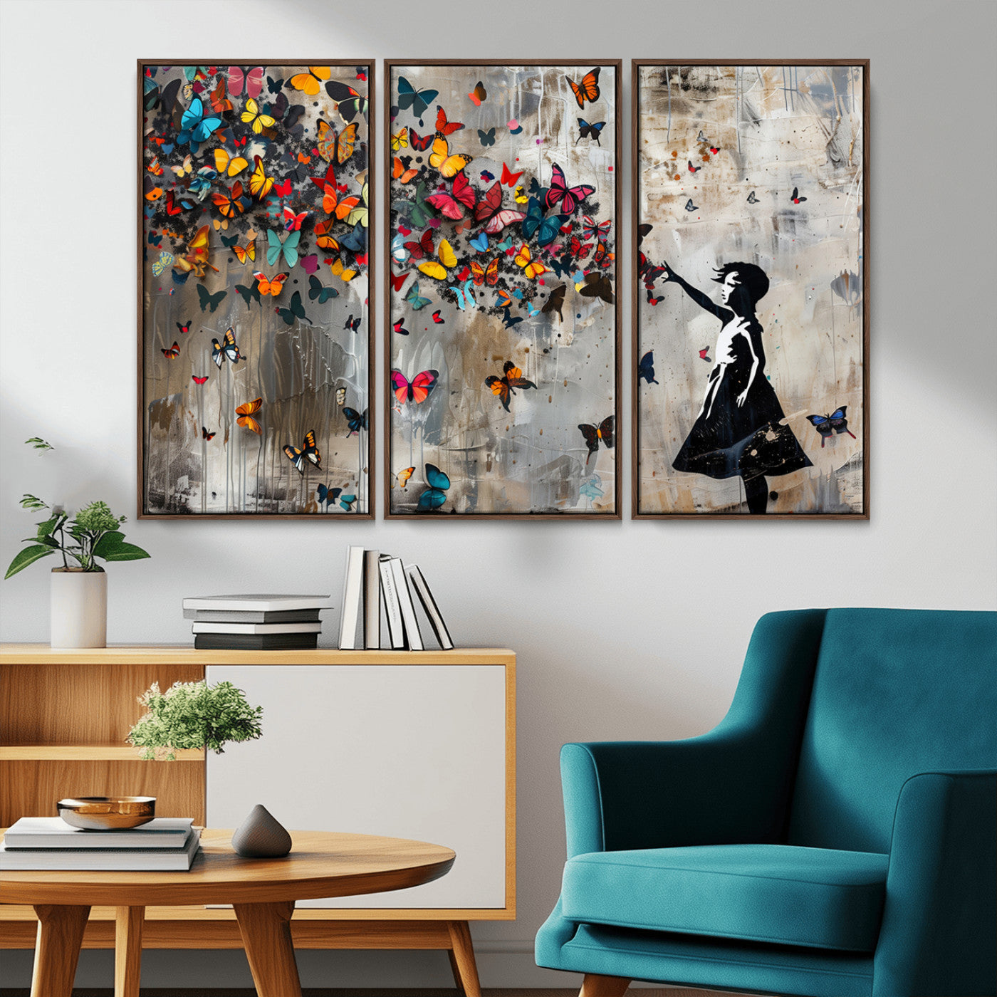 MGV-FC-48X32-3P - Banksy Wall Art - Banksy Girl and Butterfly Explosion Wall Art Canvas Print | Girl with Butterflies