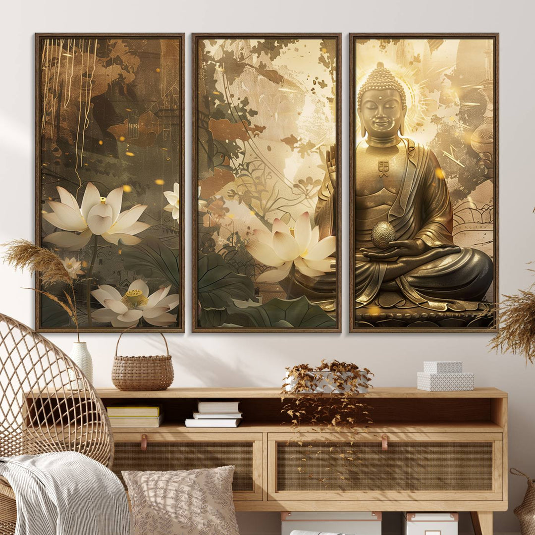 The living room features the Zen Buddha Wall Art Canvas Print with lotus flowers.