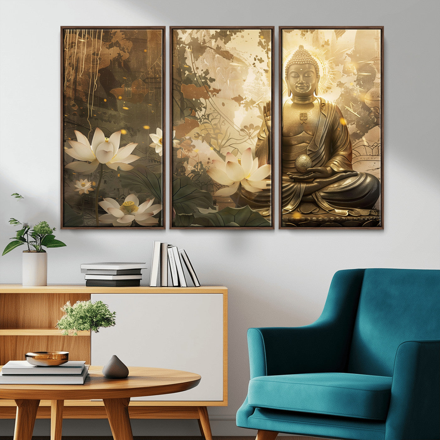 MGV-FC-48X32-3P - Zen Buddha Wall Art Canvas Print | Peaceful Meditation Decor with Lotus Flowers | Spiritual Serenity