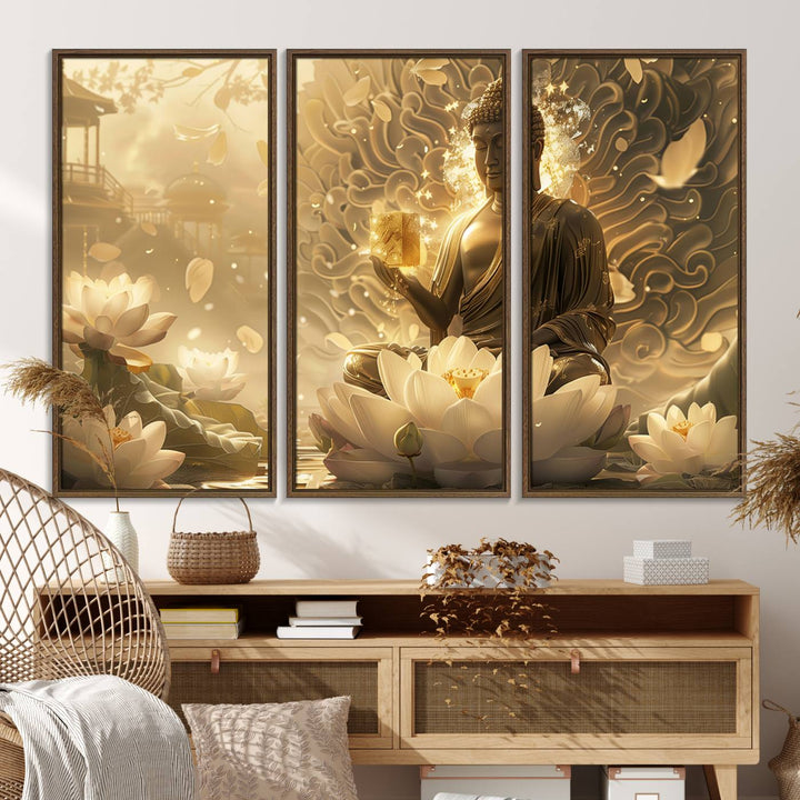 A framed Golden Buddha Wall Art with lotus flowers, ideal for meditation rooms, is beautifully displayed.