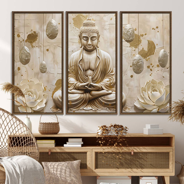 A modern Serene Buddha Wall Art, enhanced by lotus flowers, creates a tranquil atmosphere.