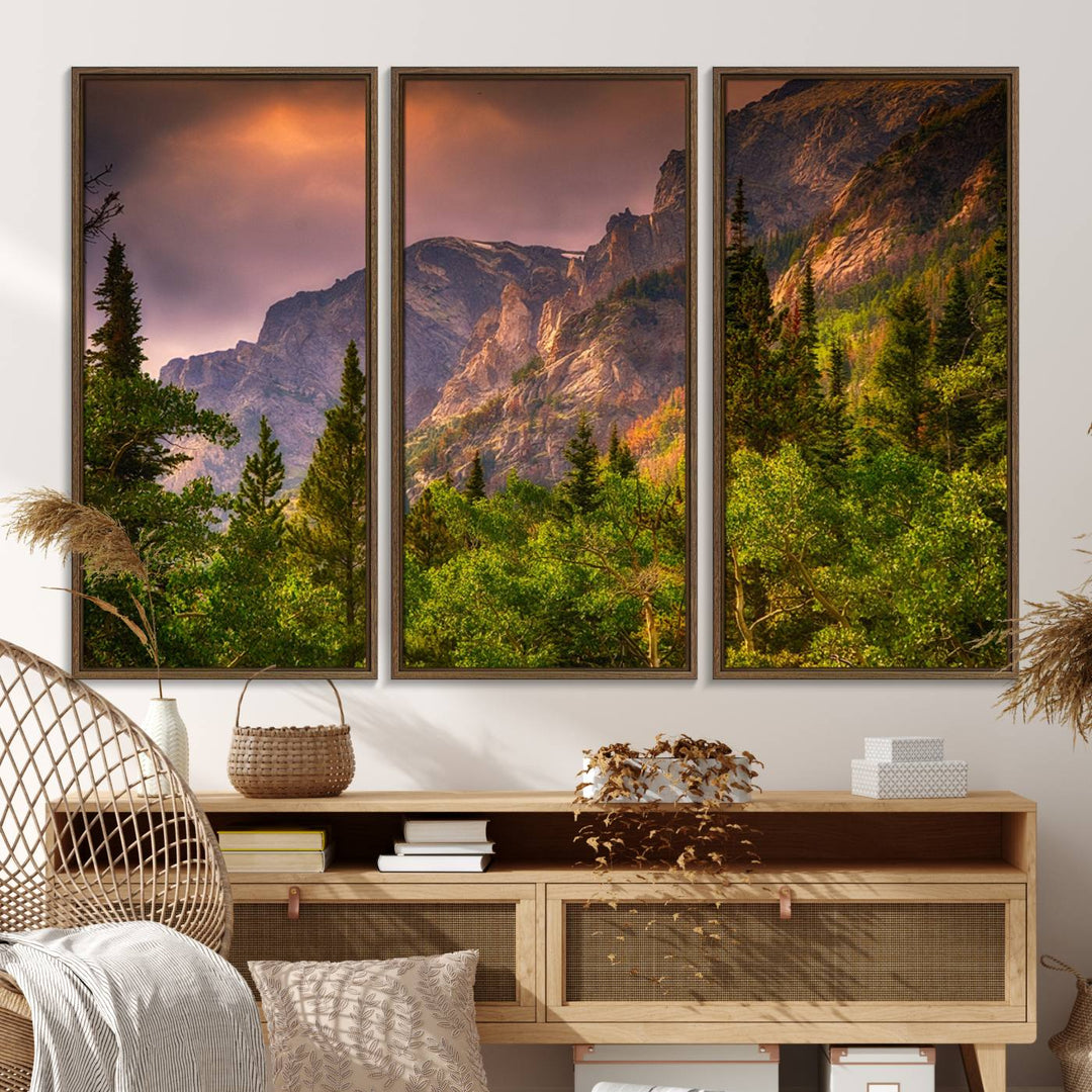 The Colorado Rockies Mountains wall art canvas print at sunset is displayed prominently.