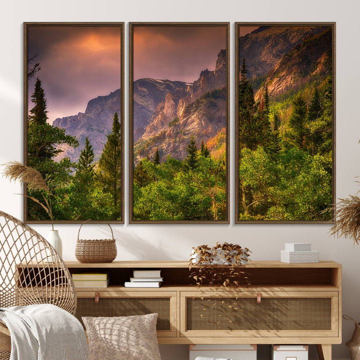 The Colorado Rockies Mountains wall art canvas print at sunset is displayed prominently.
