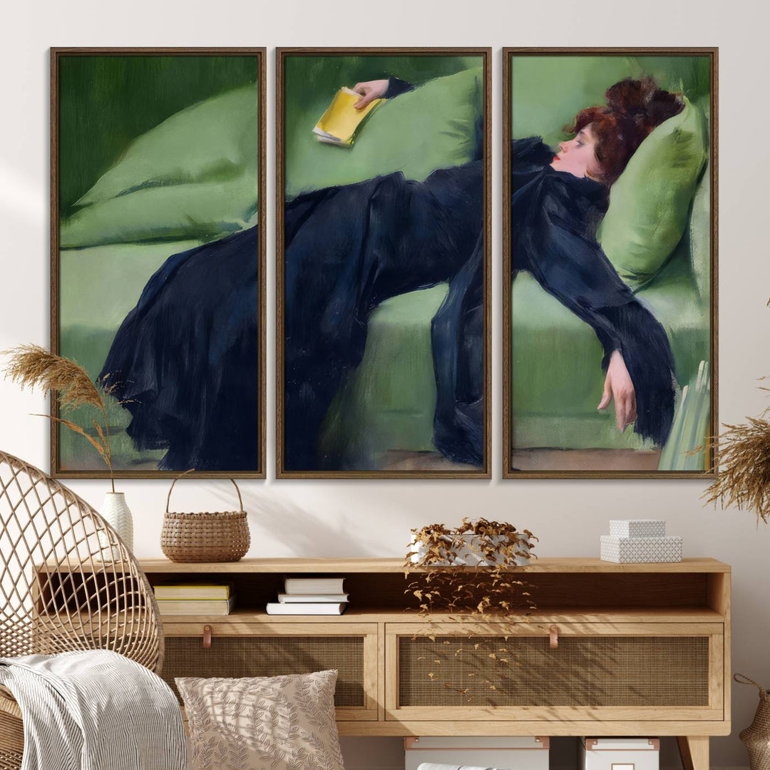 A modern kitchen features a Decadent Girl by Ramon Casas canvas print on the wall.