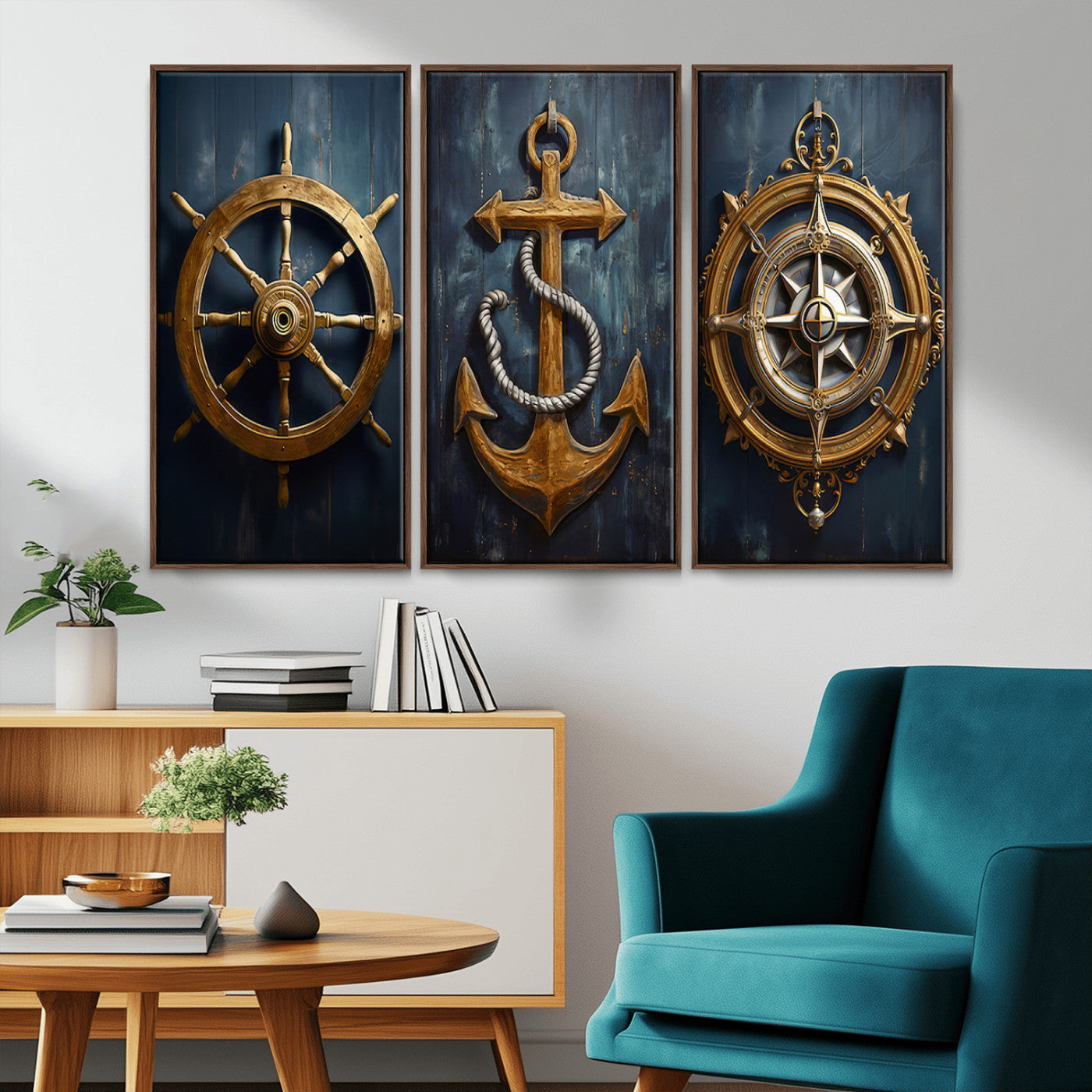 MGV-FC-48X32-3P - Boat Anchor Compass With Rope Wall Art Canvas Print | Beach House Wall Art