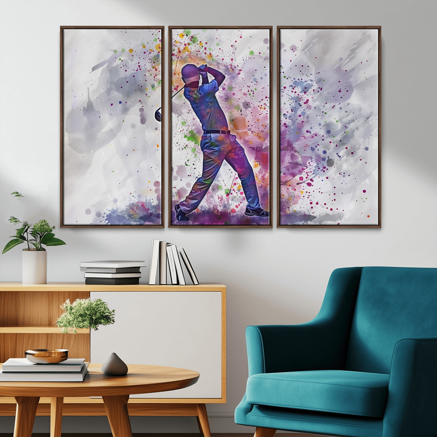 MGV-FC-48X32-3P - Watercolor Golf Swing Wall Art Canvas Print | Vibrant Abstract Golf Player Silhouette |