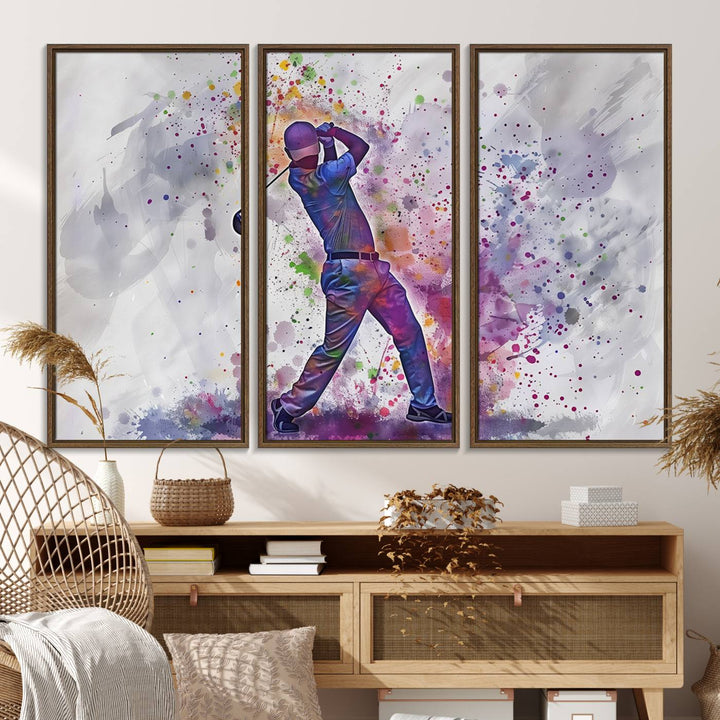 Vibrant abstract silhouette of a golf swing on white with multicolored splatters. Perfect for enthusiasts!.