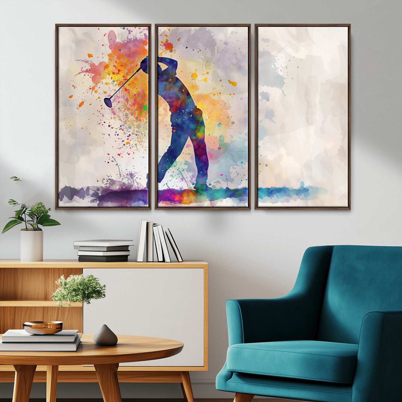 MGV-FC-48X32-3P - Watercolor Golf Swing Wall Art Canvas Print | Vibrant Abstract Golf Player Silhouette |