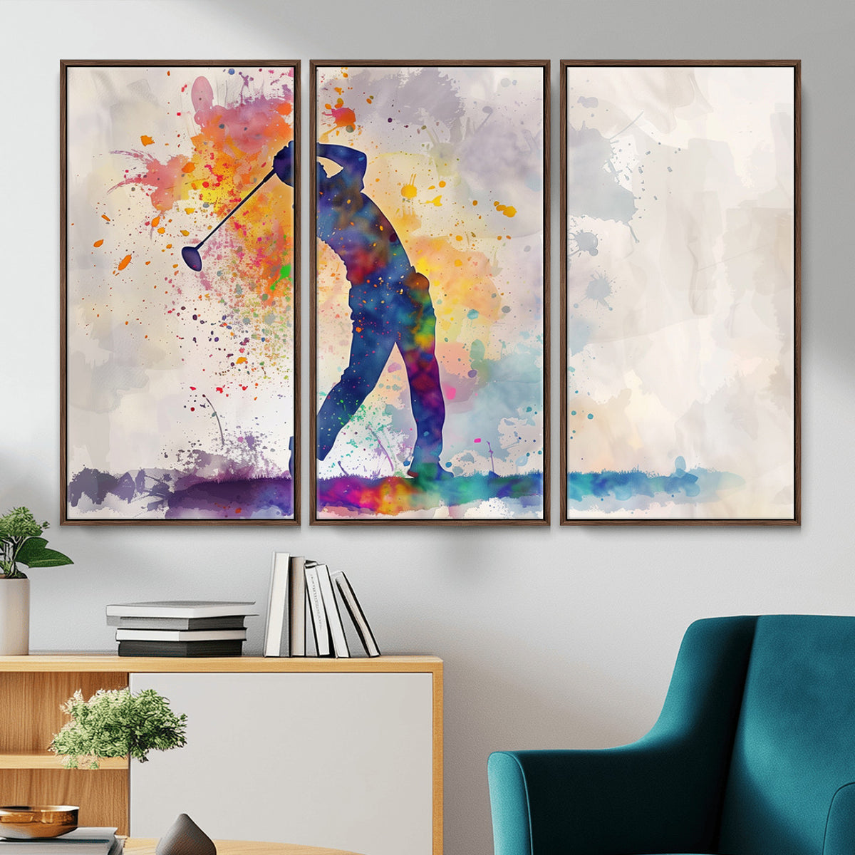 89625-MGV-CV-36X24 - Vibrant Watercolor Golf Swing Wall Art Canvas Print | Extra Large 3 Piece Canvas Wall Art
