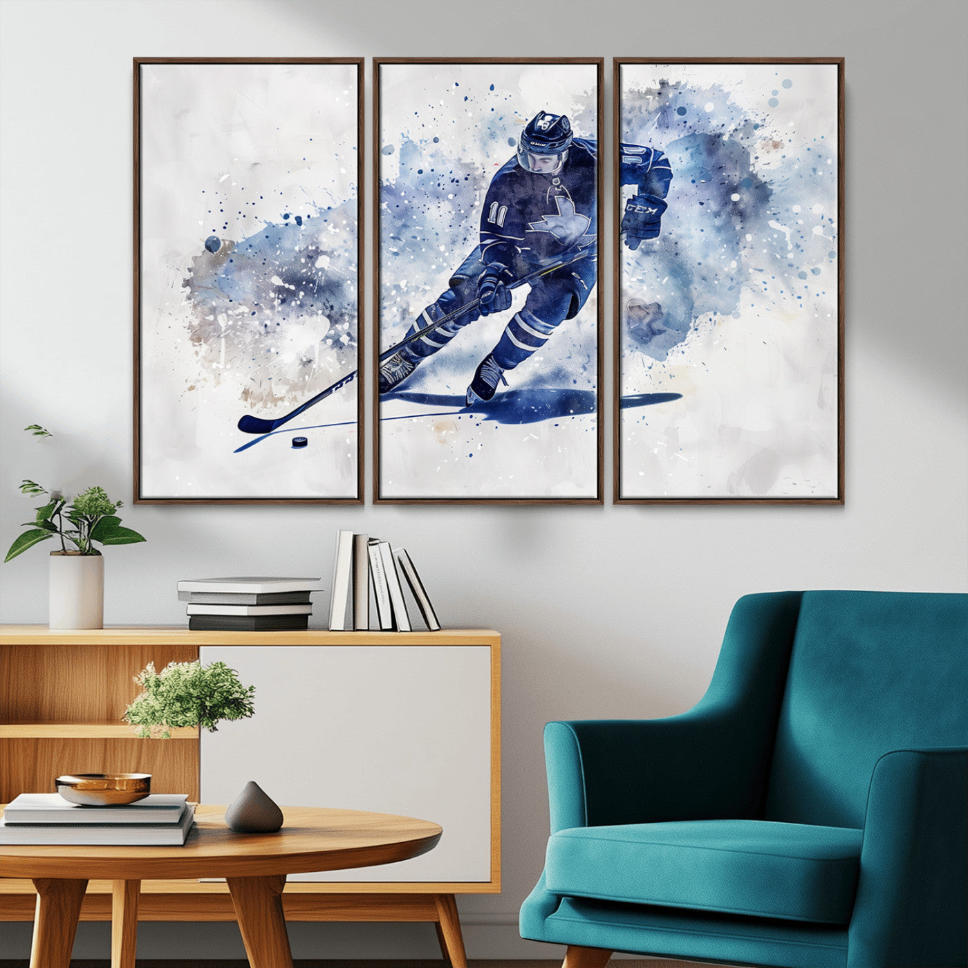MGV-FC-48X32-3P - Hockey Player Wall Art Canvas Print - Sports-Inspired Watercolor Decor - Ready to Hang
