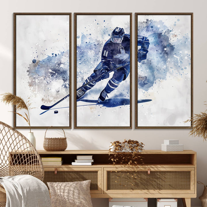 Vibrant Hockey Player Wall Art Display: Blue watercolor print.
