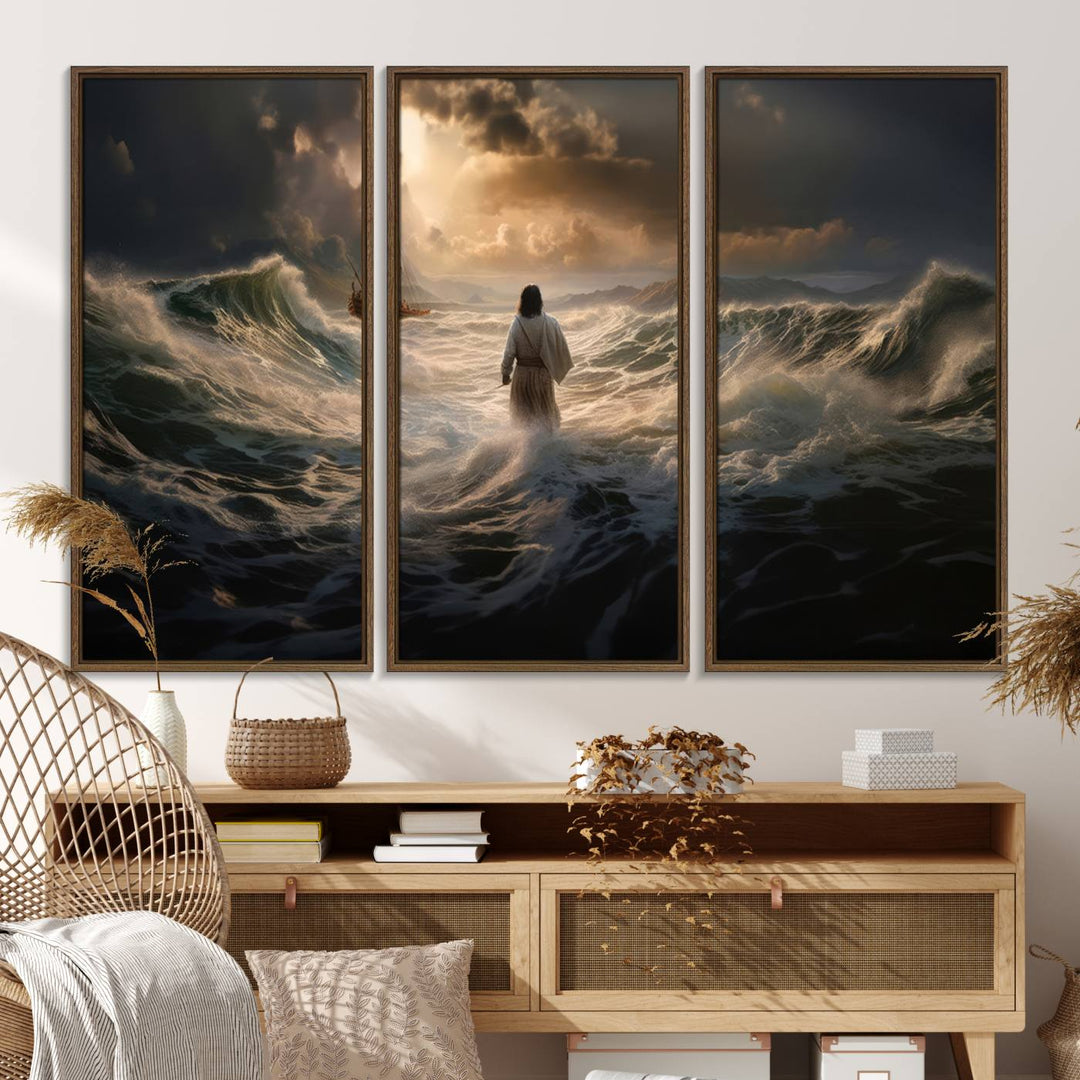 The wall art canvas print depicts a person in white striding on stormy ocean waves towards a sailboat under dramatic skies.