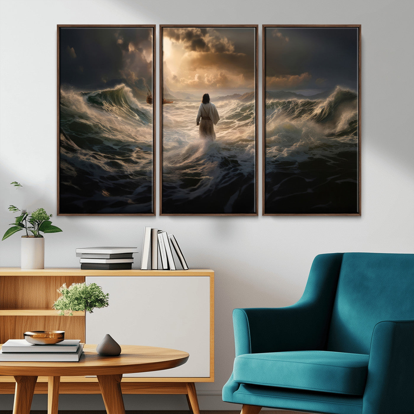 MGV-FC-48X32-3P - Jesus Walking on Water Wall Art Canvas Print - Religious Spiritual Decor - Jesus Wall Art Canvas