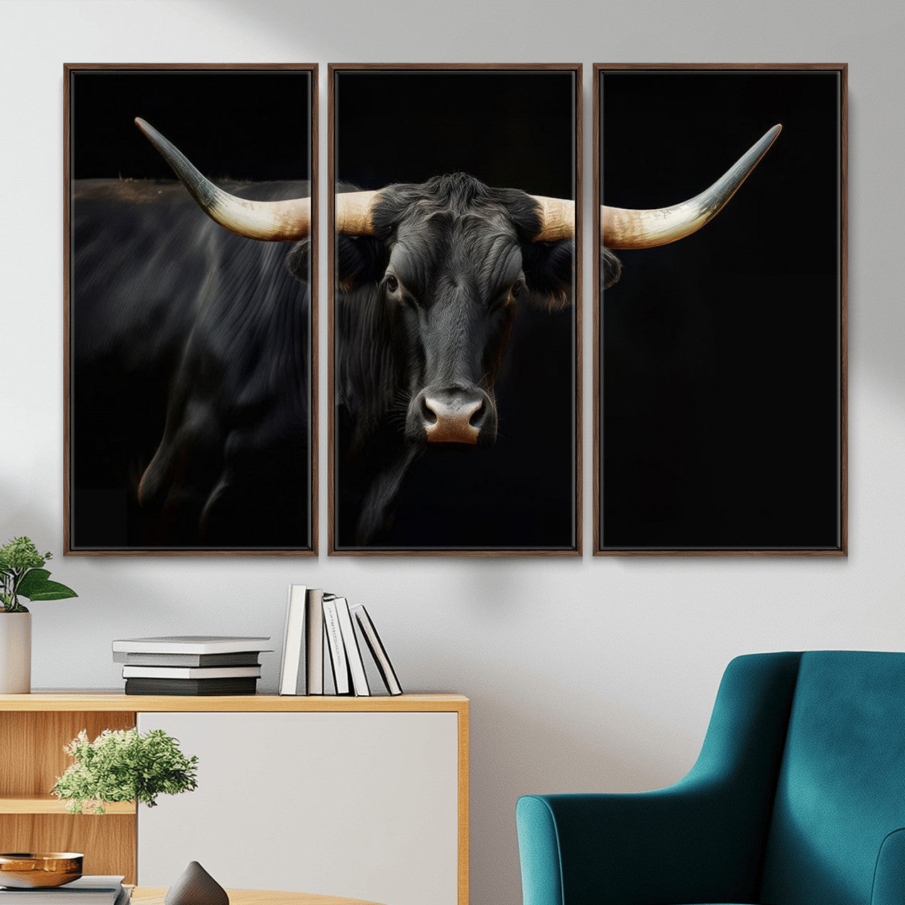 63798-MGV-CV-36X24 - Texas Longhorn Cow | Majestic Black Bull Wall Art Canvas Print - Farmhouse Animal Decor - Ready to