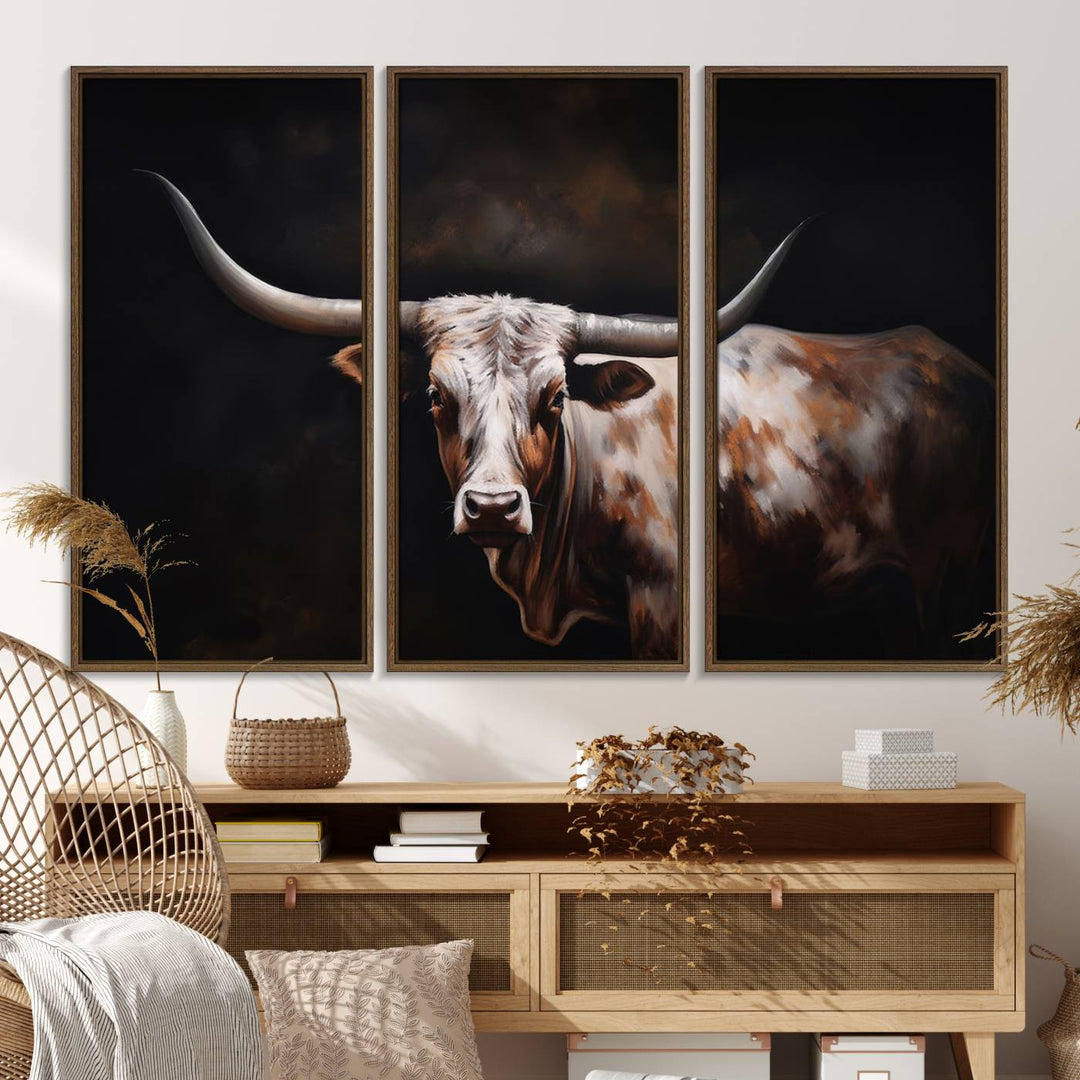 A modern kitchen featuring a Texas Longhorn Wall Art Canvas Print.