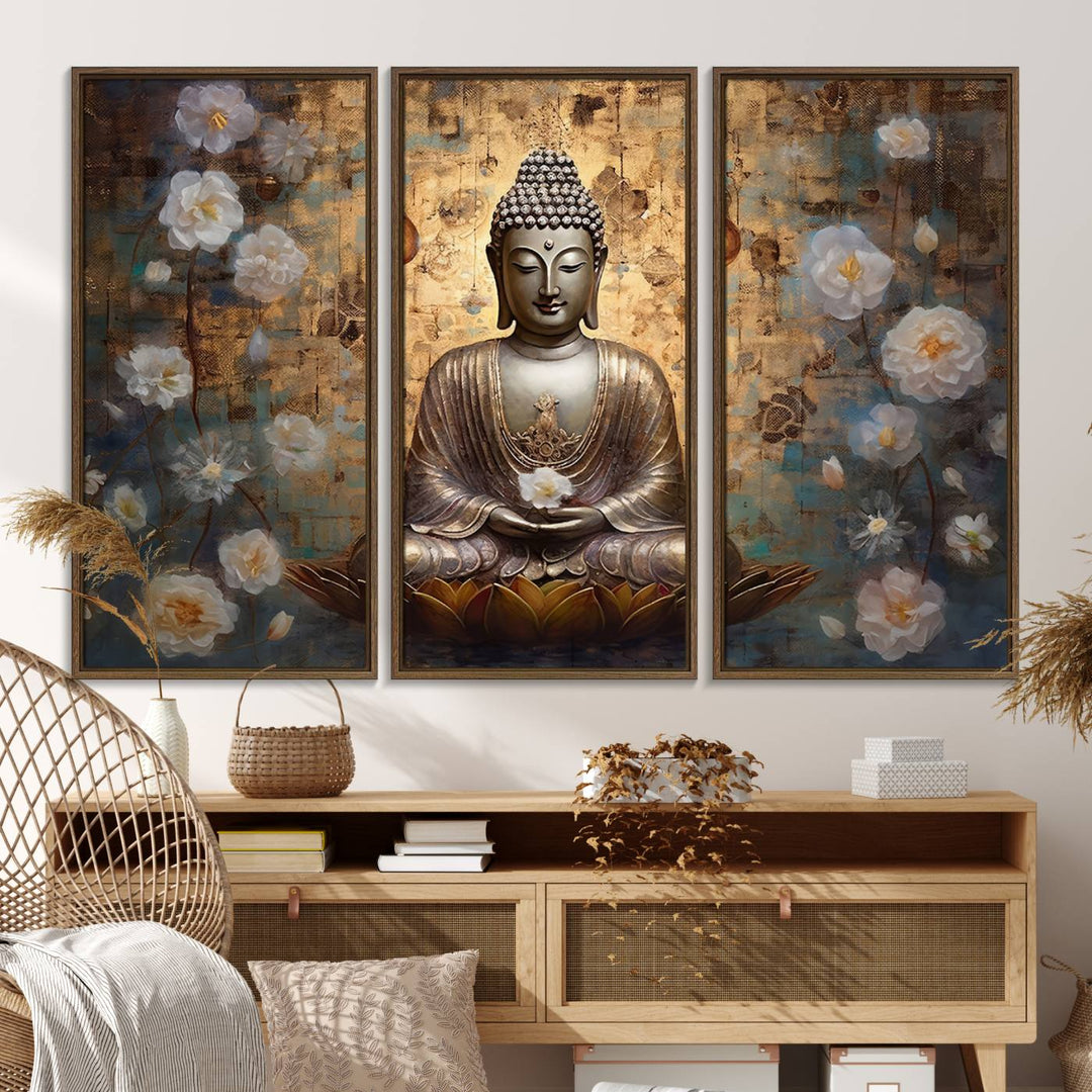 Golden Buddha wall art canvas print on a warm backdrop.