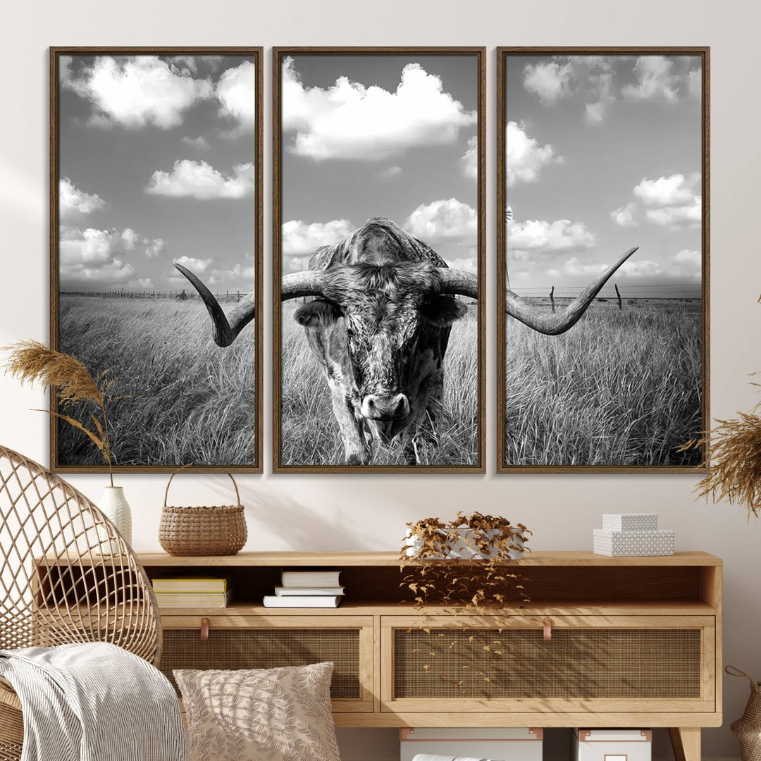 Longhorn Cow Field Canvas Print featuring rustic charm with a windmill backdrop.