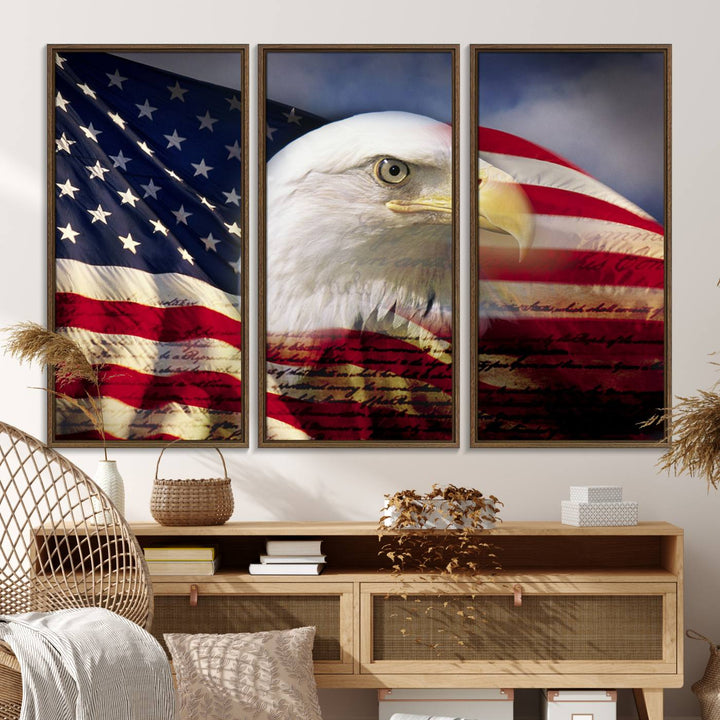 On the wall is an American Flag Eagle Symbol Wall Art Canvas Print.