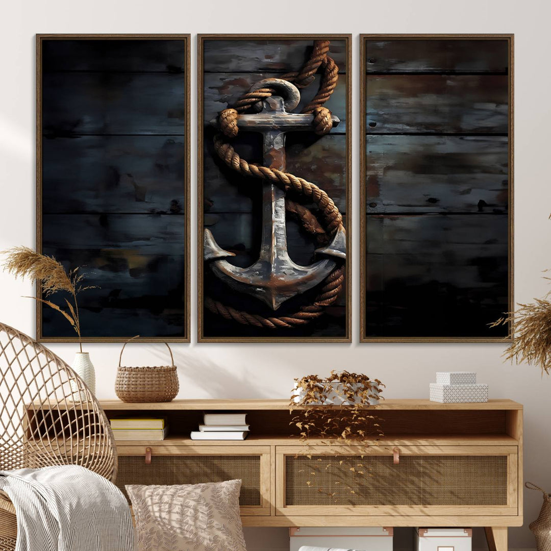 The wooden wall displays a 3 Panel Grunge Abstract Anchor Wall Art Canvas Print Set.