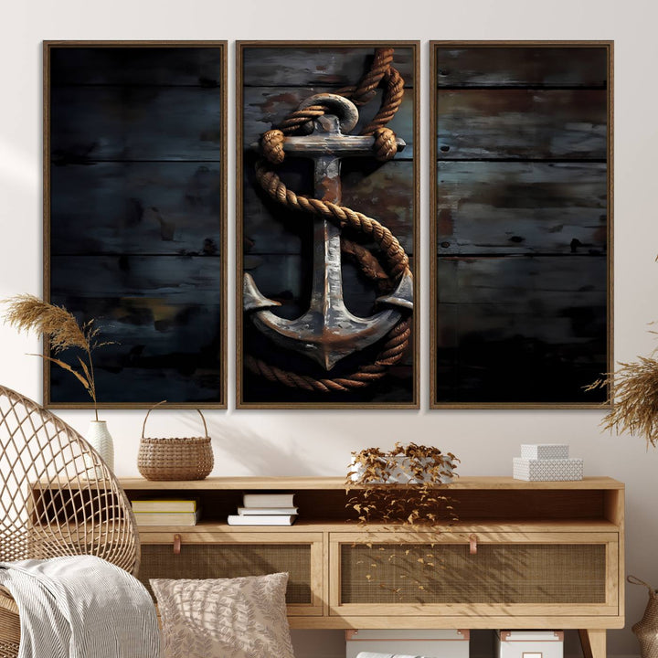 The wooden wall displays a 3 Panel Grunge Abstract Anchor Wall Art Canvas Print Set.