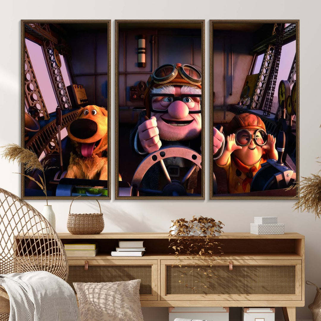 A man, boy, and dog flying a plane are depicted in the Carl Russel & Dog Movie Up wall art.