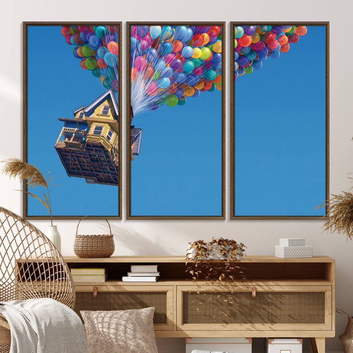 The Up house floats skyward, making it an ideal Carl Fredricksen wall art for kids rooms.