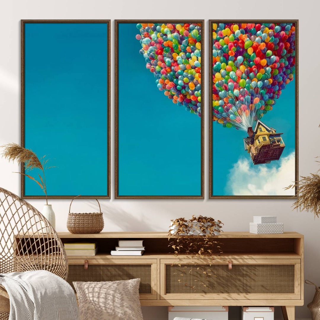 The Carl Fredricksen Up Movie Wall Art, featuring a colorful balloon house, adds vibrant decor to the space.