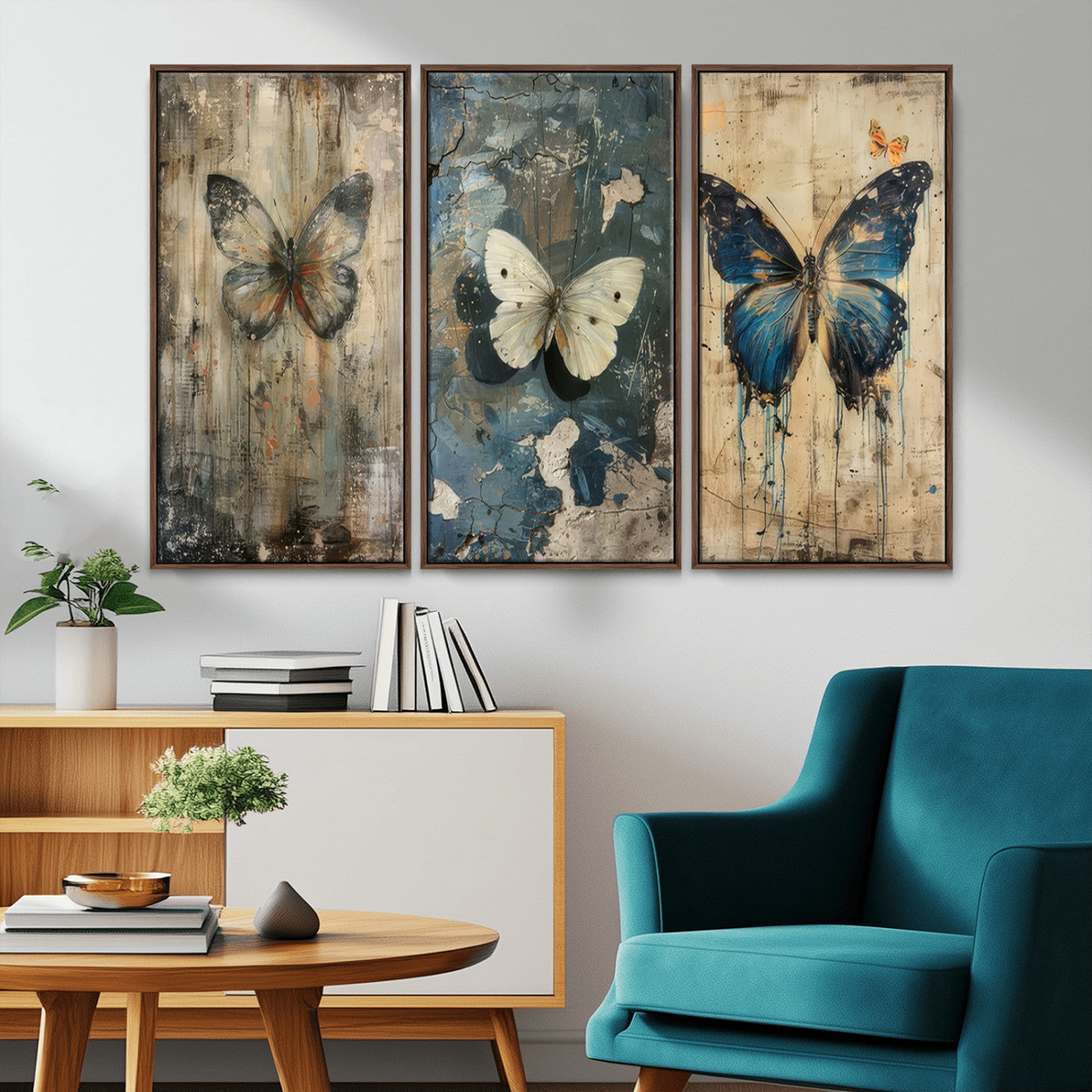 MGV-FC-48X32-3P - Butterfly Wall Art Trio | Vintage Butterfly Canvas Print | Ready to Hang Framed Artwork for