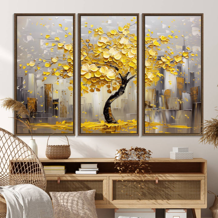 Golden Tree Canvas Print: Abstract wall art featuring golden leaves over a cityscape, ideal for modern homes. Ready to hang.