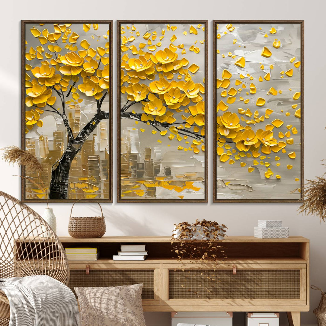 The living room showcases a Yellow Blossom Tree Canvas Wall Art, modern and floral.