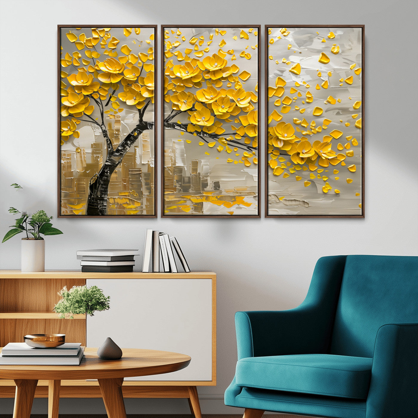 MGV-FC-48X32-3P - Yellow Blossom Tree Canvas Wall Art - Floral Abstract Modern Contemporary Artwork for Living Room or