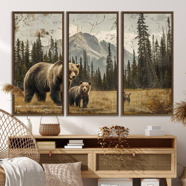 Rustic Grizzly 399: Bear Family Wall Art Canvas Print.