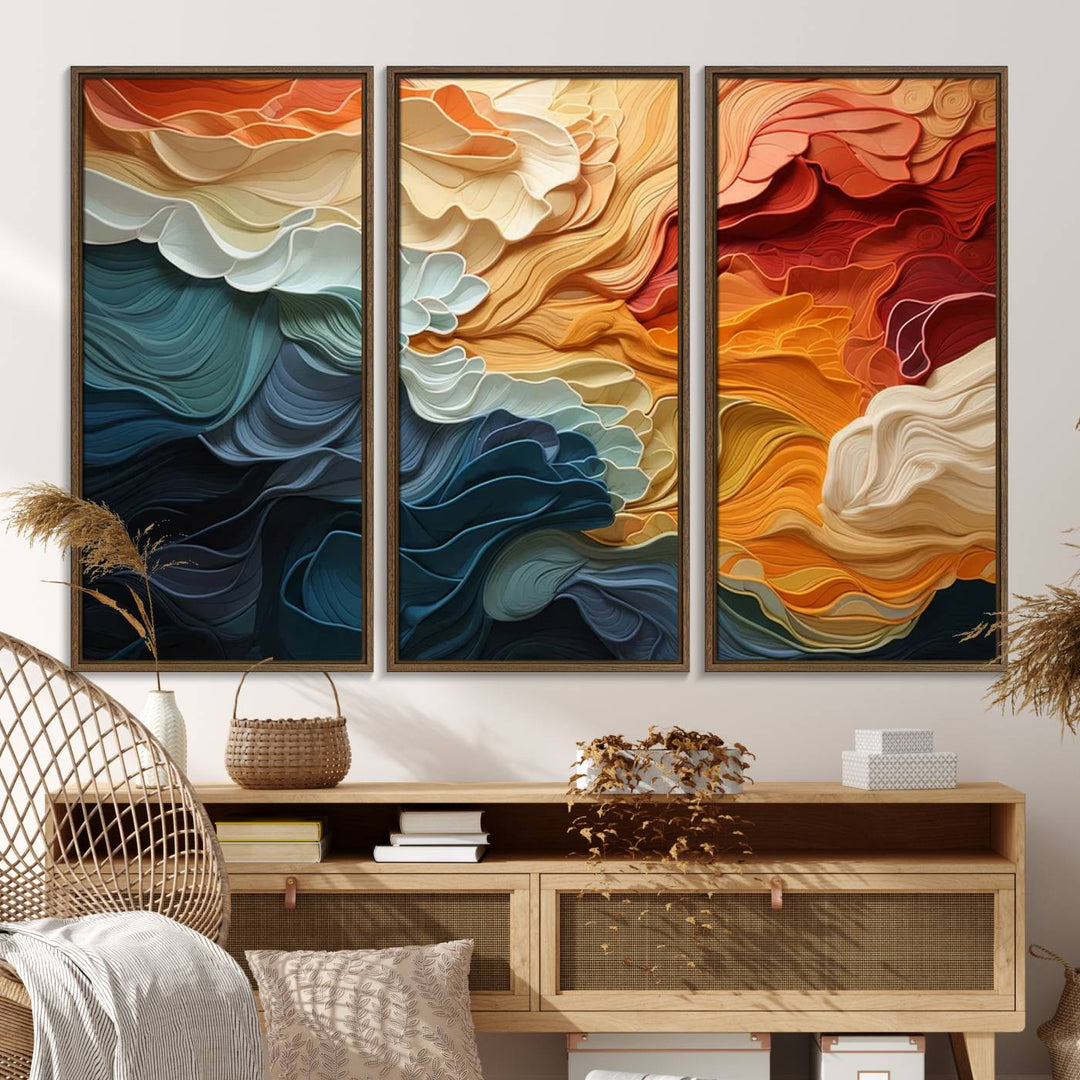 Blue Orange Abstract Wave Wall Art Canvas Print.