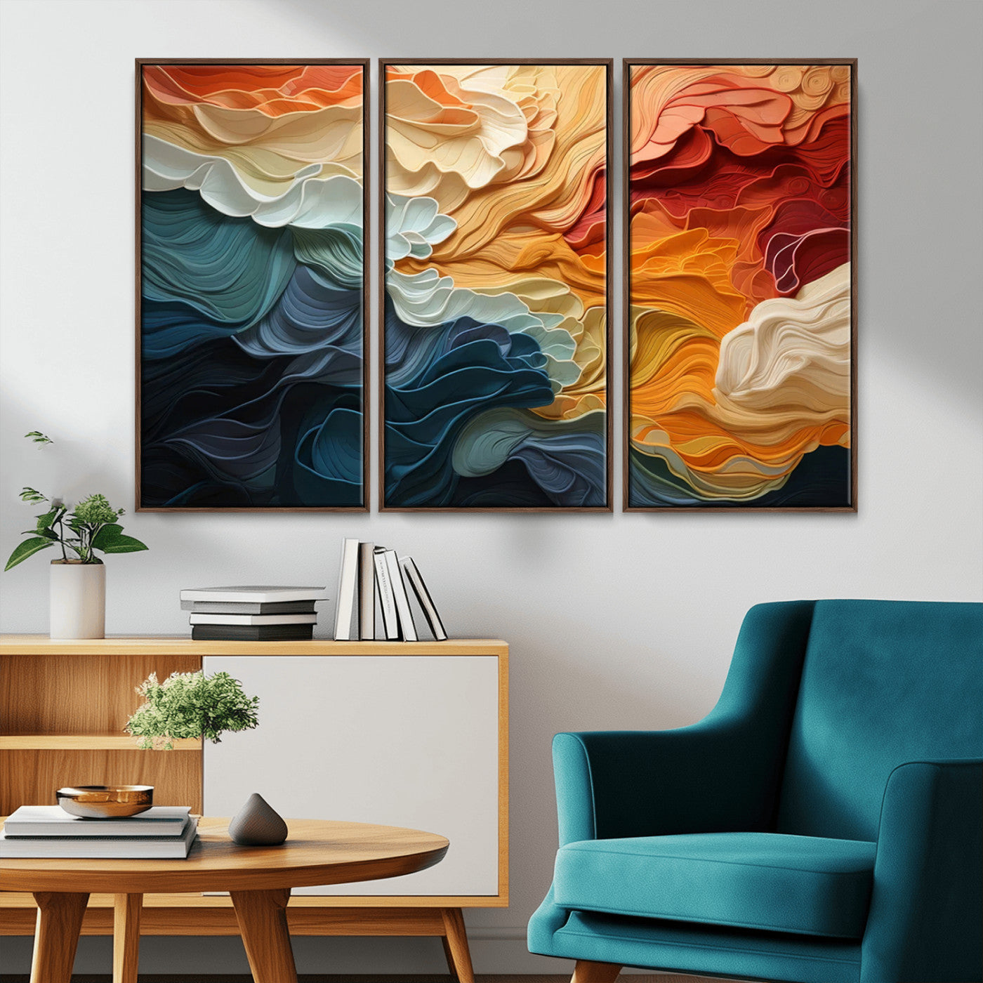 MGV-FC-48X32-3P - Blue Orange Abstract Wave Wall Art Canvas Print, Framed Blue Orange Wave Wall Art