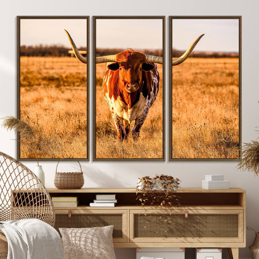 The Longhorn Cow Wall Art framed canvas brings rustic charm and farmhouse decor with its warm field scene.