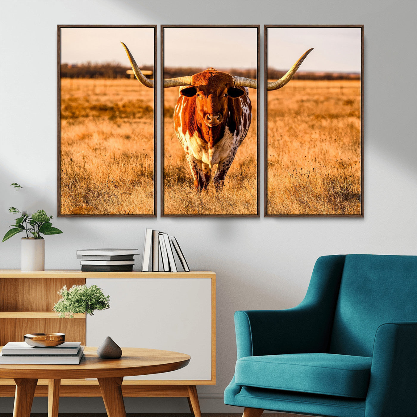 MGV-FC-48X32-3P - Longhorn Cow Wall Art | Ready to Hang Framed Canvas Print for Farmhouse and Barn Decor