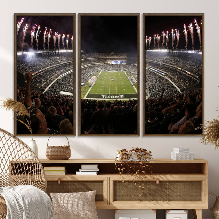 The wall art of Eagles Field Stadium showcases nighttime fireworks over a full stadium.