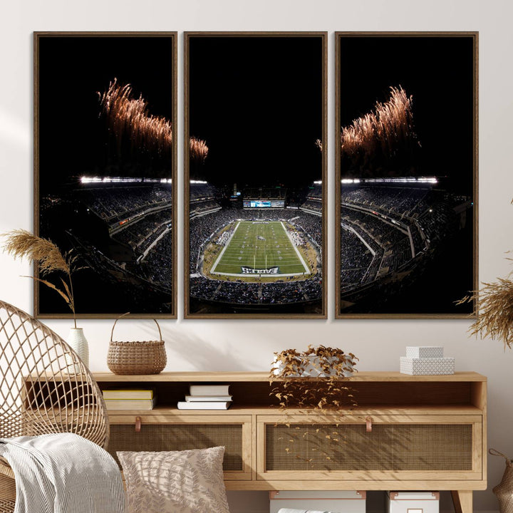 Eagles Stadium Wall Art depicting a nighttime game and fireworks at Lincoln Financial Field.