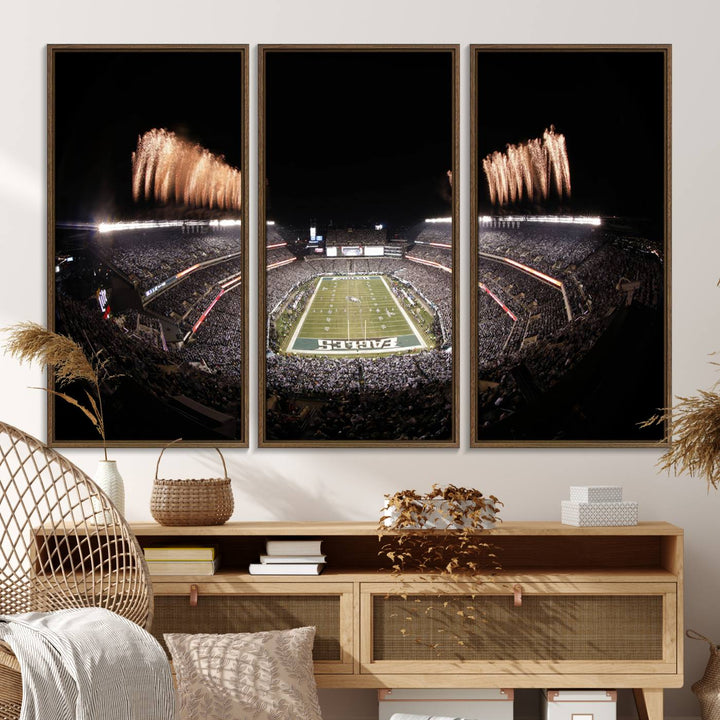 Eagles Field Stadium Wall Art features a depiction of Lincoln Financial Field fireworks.