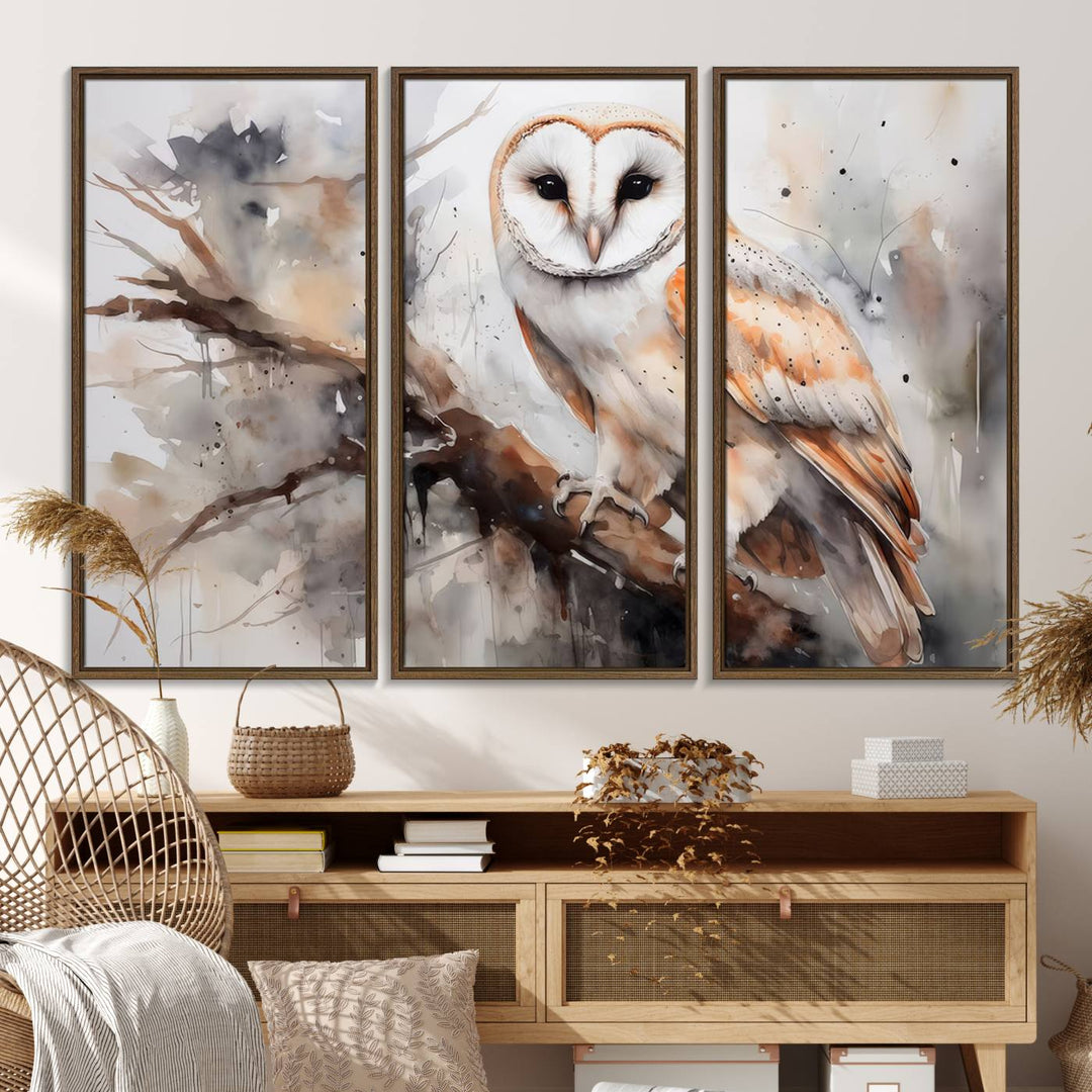 The Barn Owl Wall Art watercolor canvas adds a rustic twist to farmhouse decor.