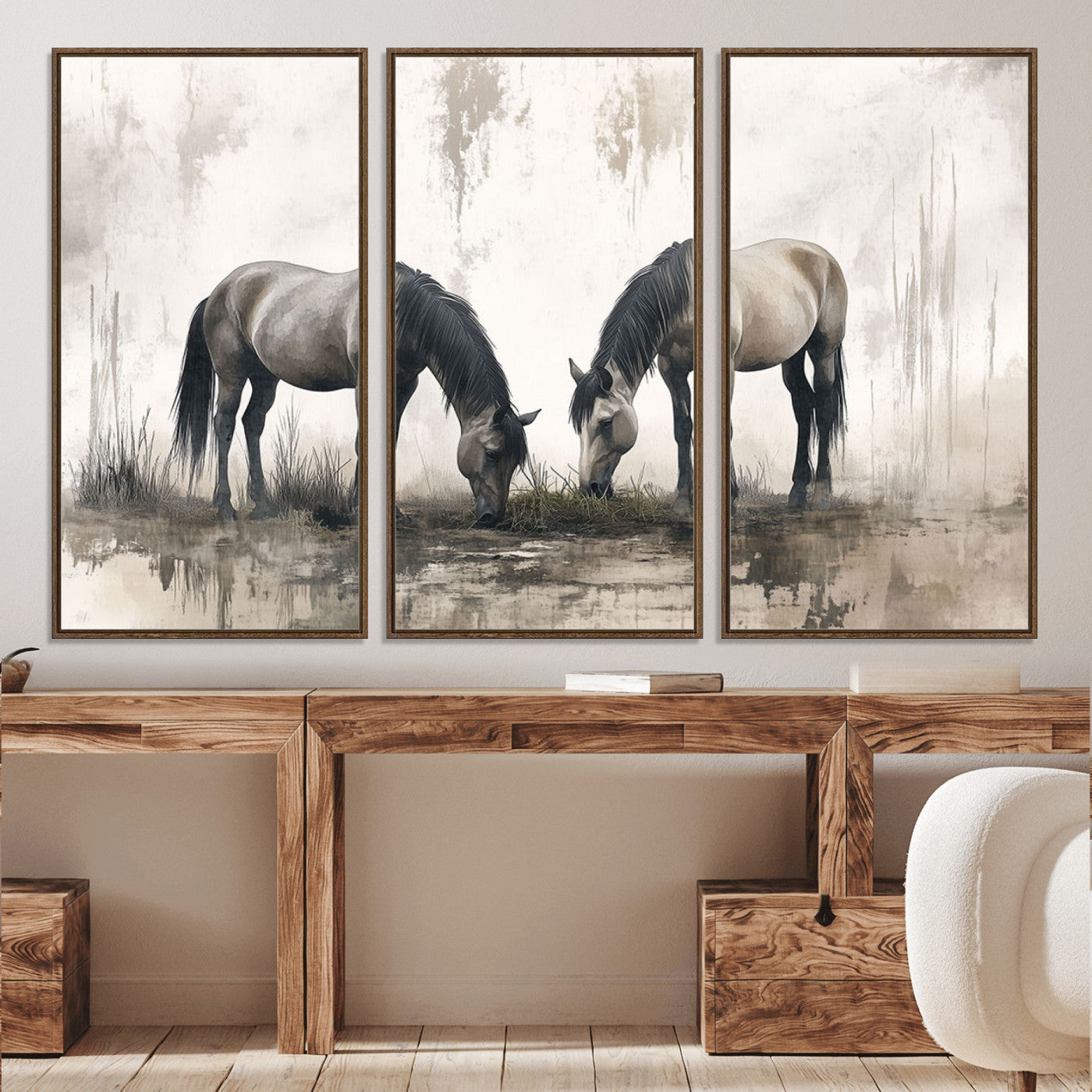 35494-MGV-CV-36X24-Chines Ink Style Vintage Horses Wall Art Canvas Print for Farmhouse Wall Decor