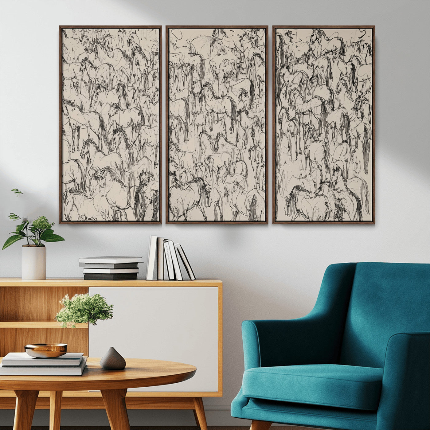 25718-MGV-FC-48X32-3P_Walnut-Abstract Horse Sketch Wall Art | Ready to Hang and Framed | Farmhouse Wall Decor for Living Room or